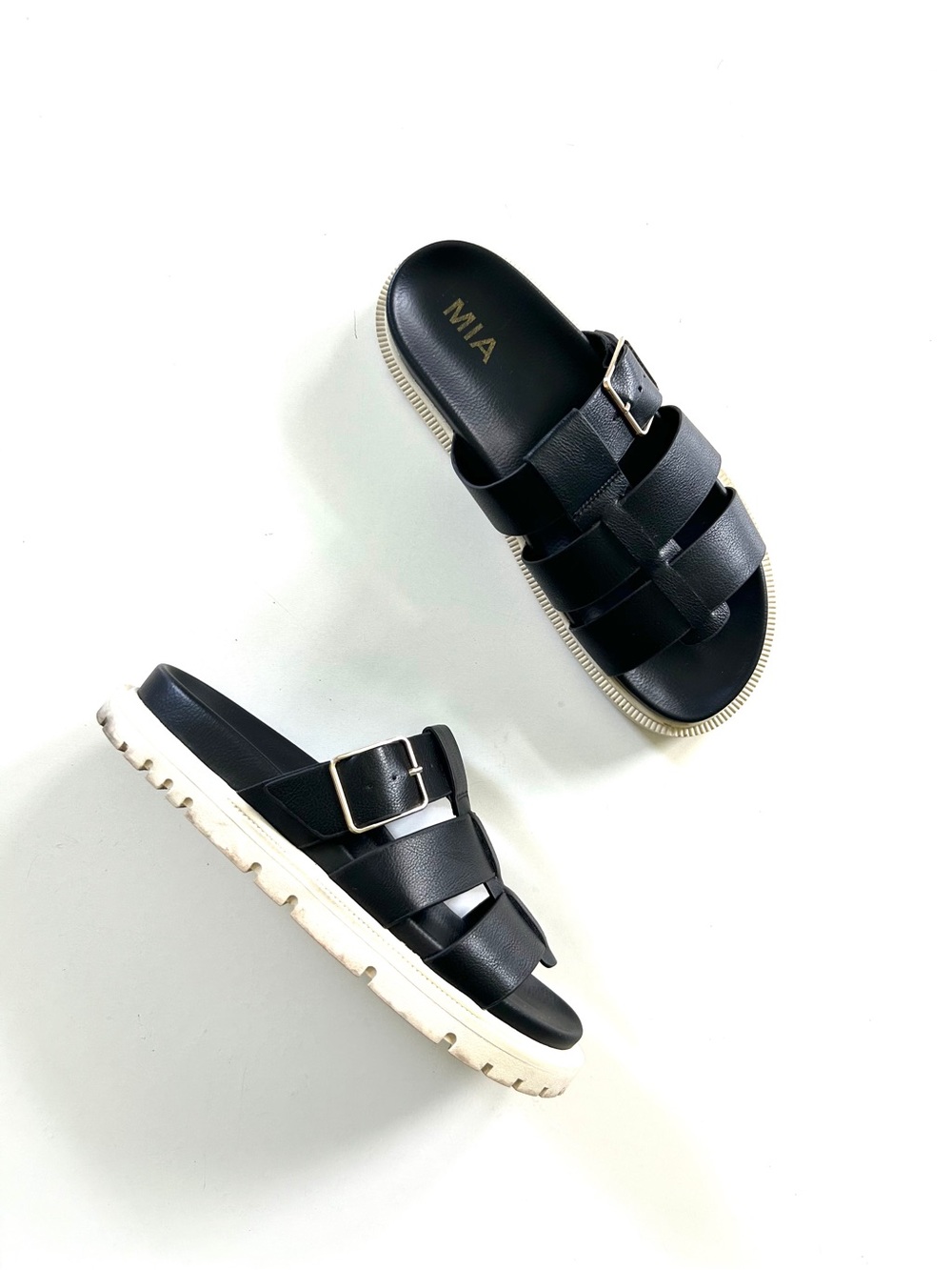 MIA Black Vegan Leather Triple Strap Buckle Aysa Sandal